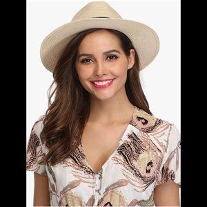 Lanzom Wide Brim Straw Panama Roll up Sun Hat NWOT